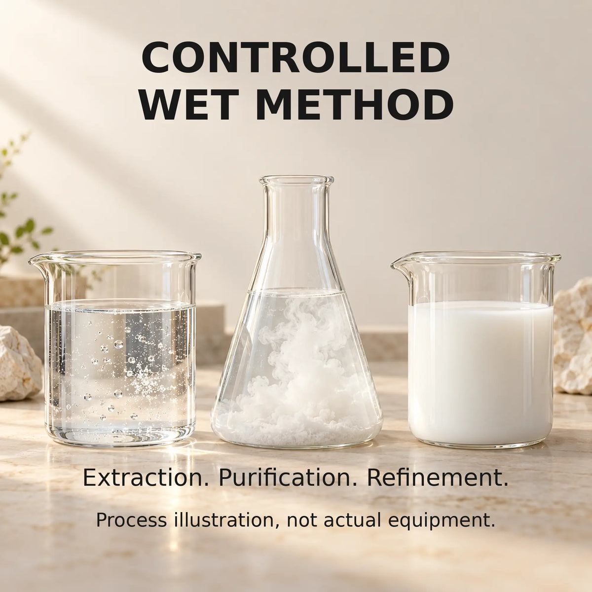 Illustrative glassware showing stages of controlled wet method mineral preparation, not actual manufacturing equipment.
