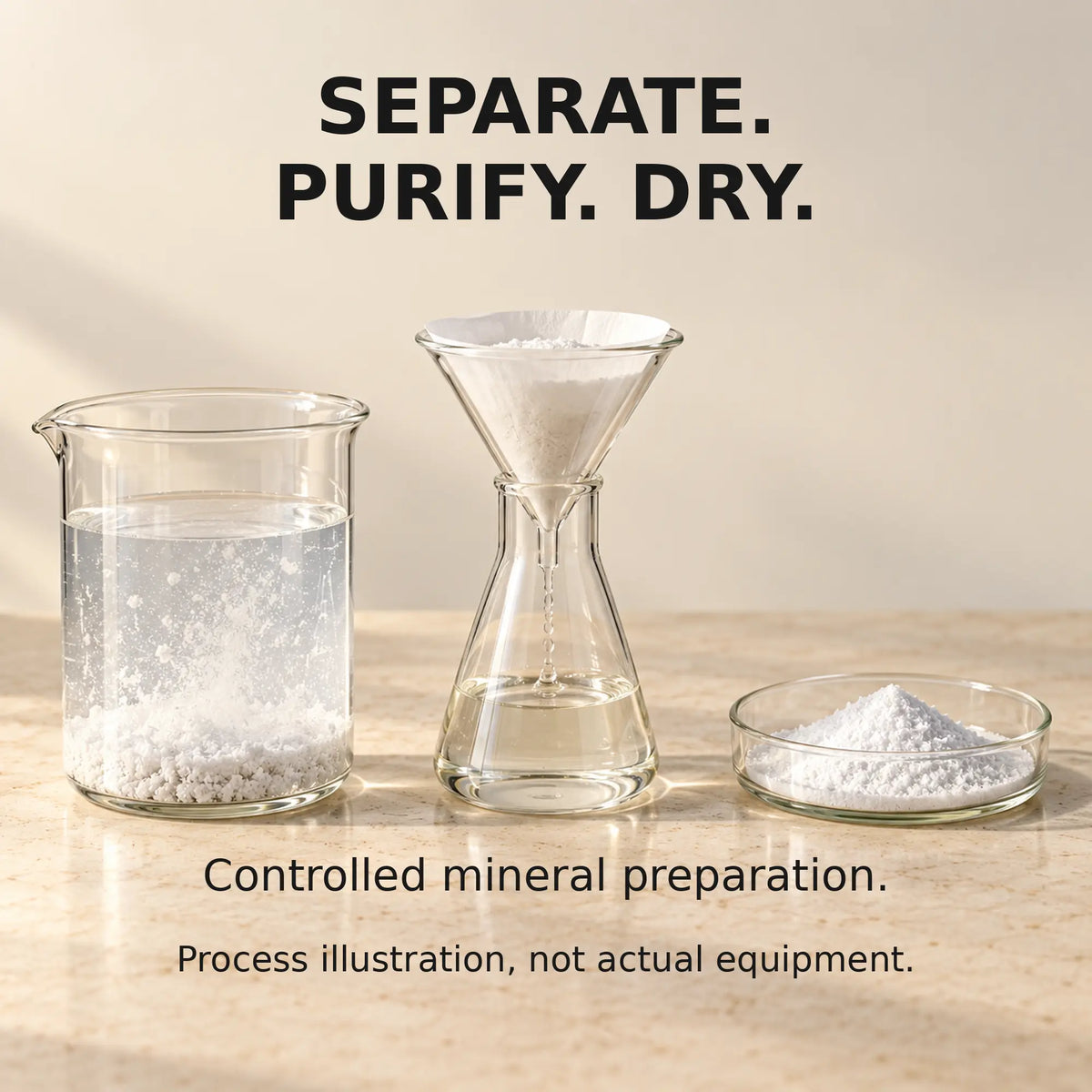 Illustrative glassware showing controlled separation, purification and drying stages for the mineral preparation.