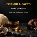 Nootropic Gold mushroom tincture facts showing 100ml, 1:3 extract and 45 percent alcohol.