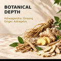 Ashwagandha, ginseng, ginger and astragalus roots illustrating botanical ingredients in ORMUS SuperGreens.