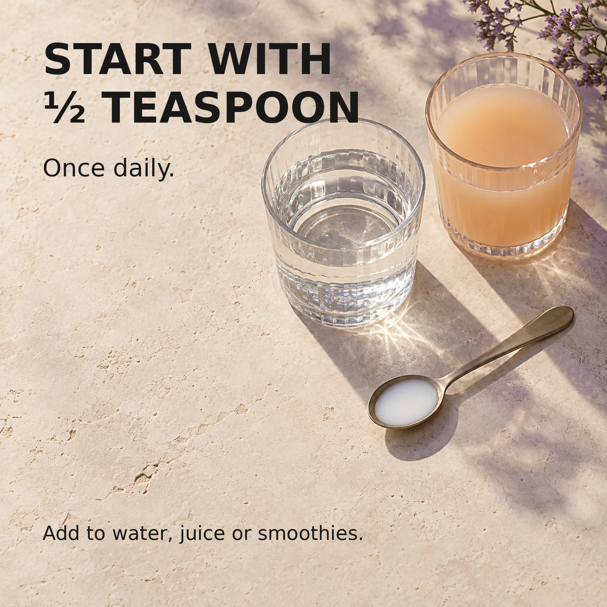 Half teaspoon of milky white Liquid ORMUS beside water and juice, illustrating the suggested starting amount.