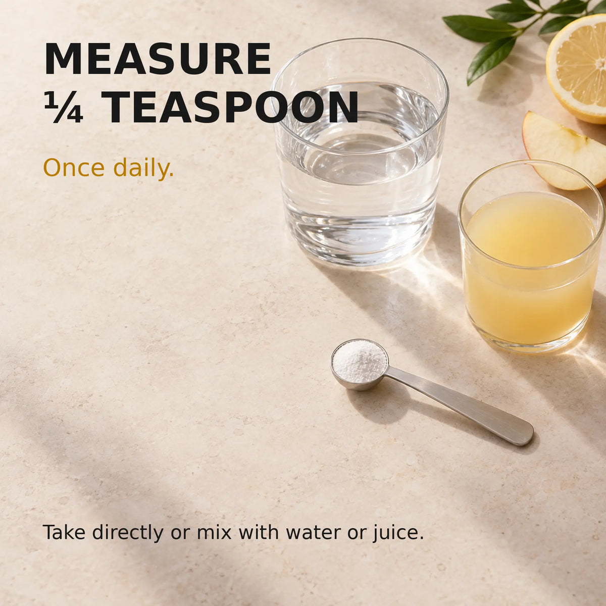 Quarter teaspoon of fine white Monatomic Gold Powder beside water and juice, illustrating the suggested daily amount.
