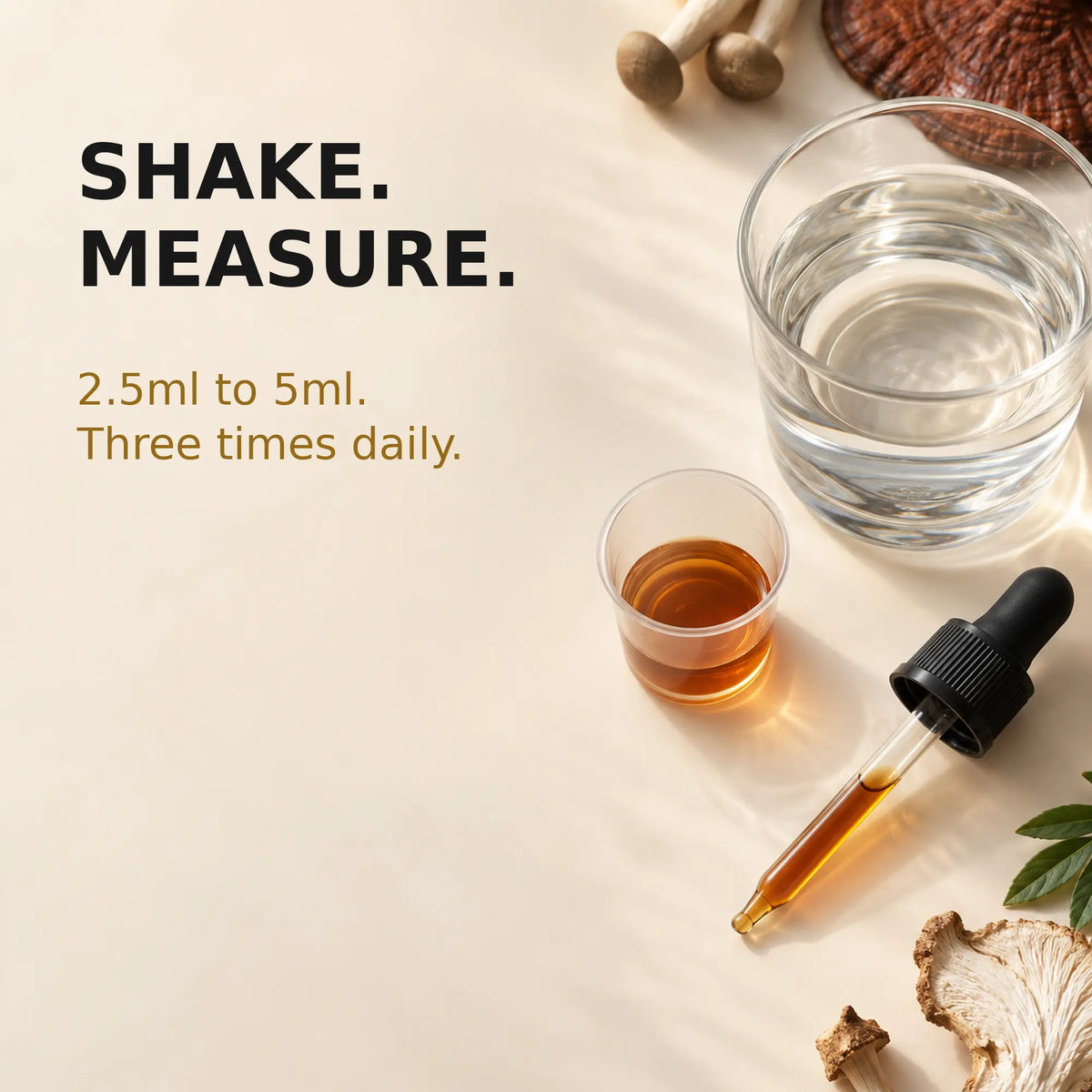 Measured 2.5ml to 5ml serving of Gold Healing Nootropic Gold mushroom tincture.