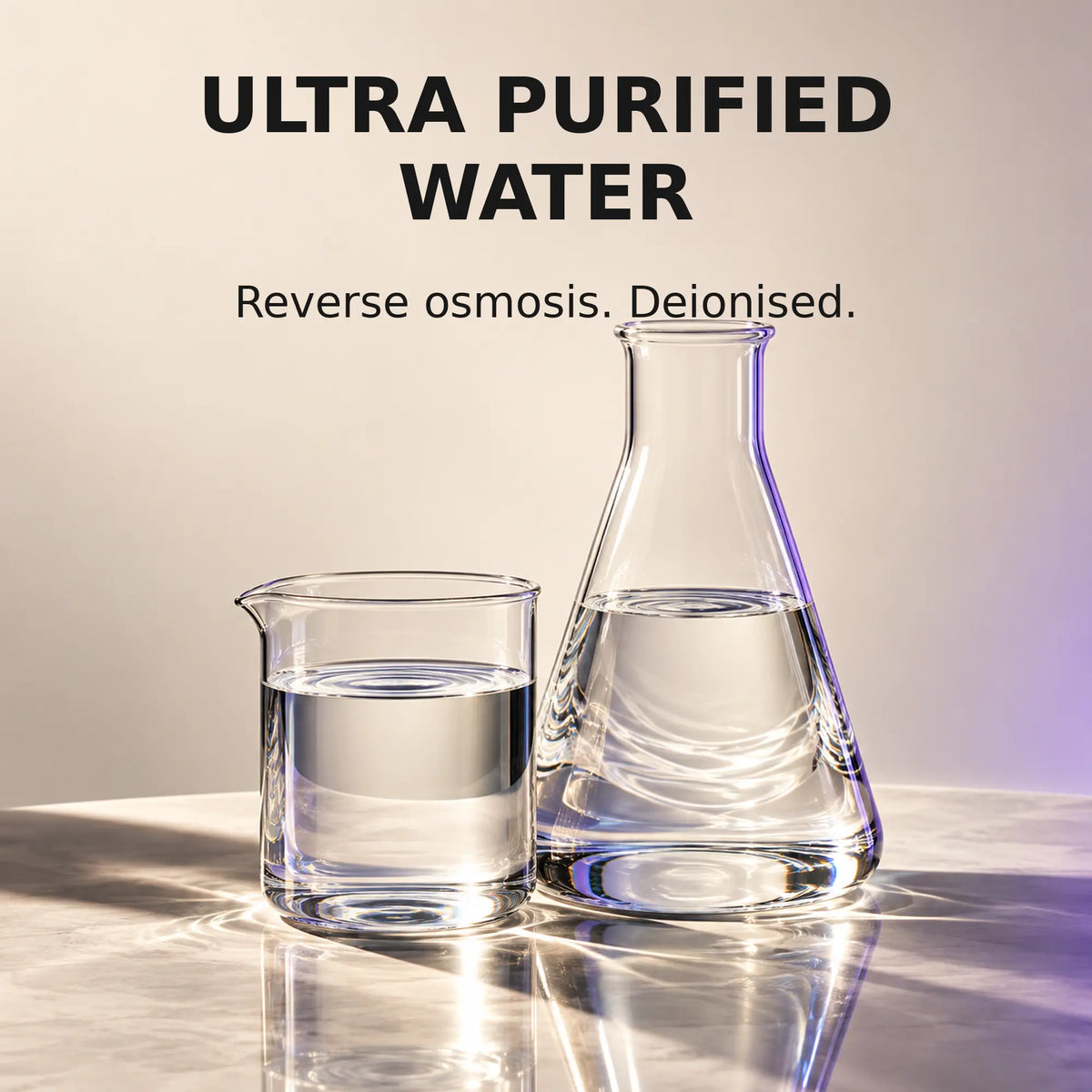 Clear laboratory glassware illustrating reverse osmosis and deionised water used in Liquid ORMUS preparation.