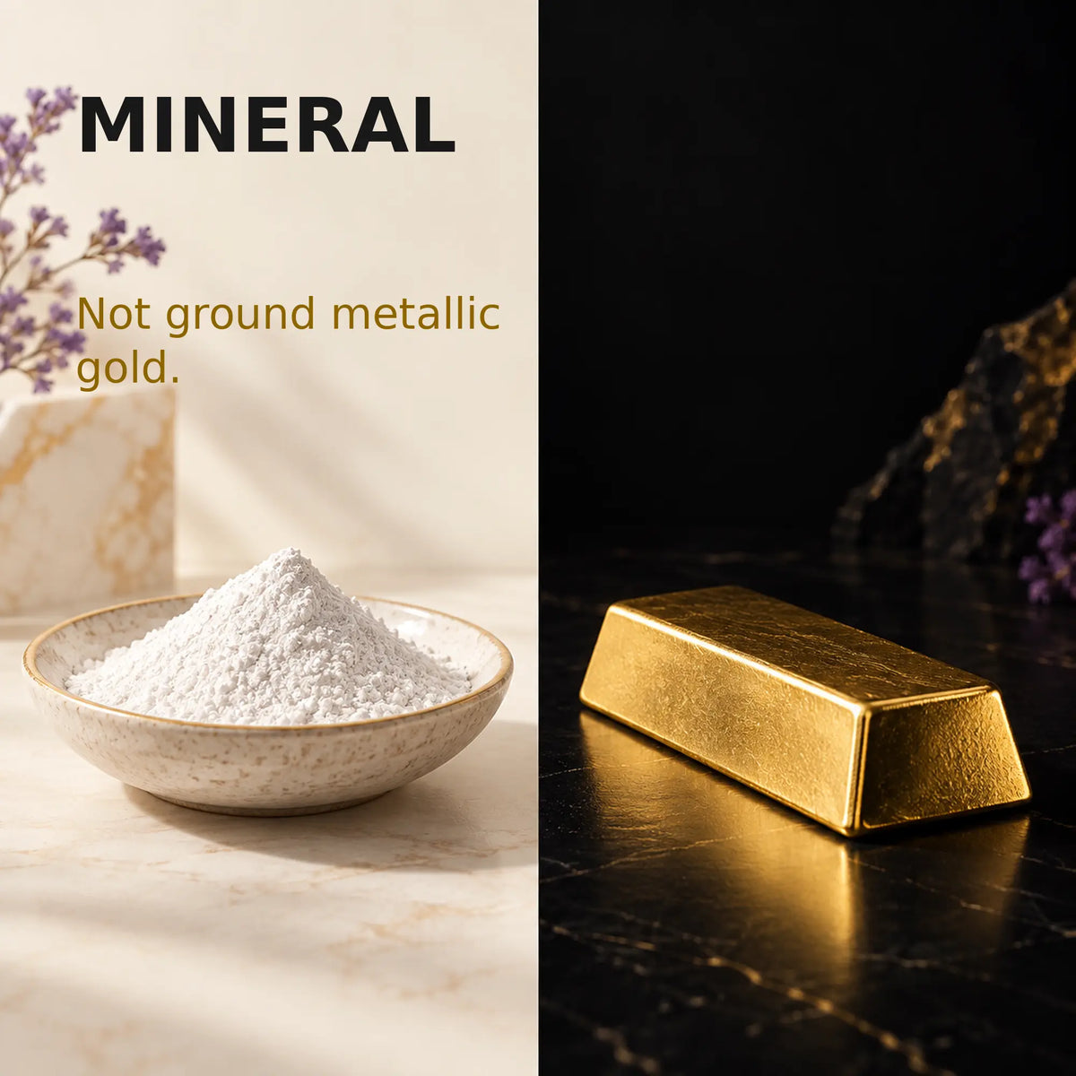 White mineral powder contrasted with a solid gold bar, illustrating that the preparation is not simply ground metallic gold.