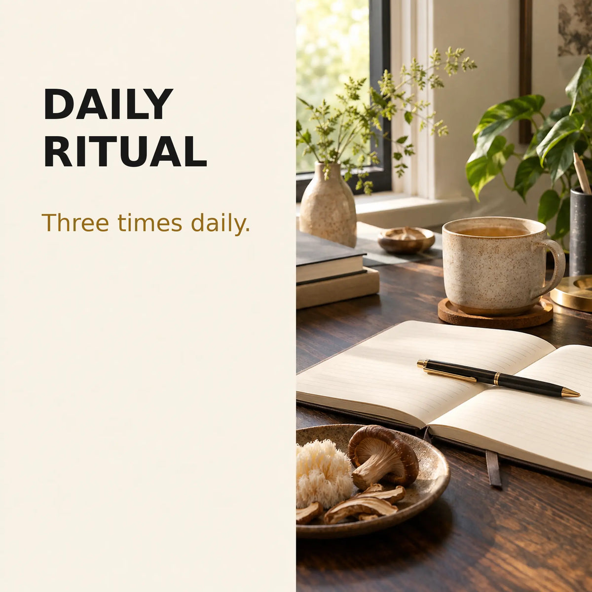 Notebook and warm drink representing a consistent Nootropic Gold daily mushroom routine.