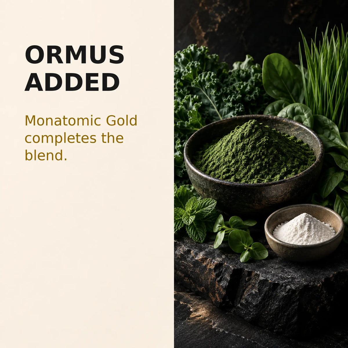 Green SuperGreens powder with a separate white mineral powder accent illustrating Monatomic Gold added to the blend.