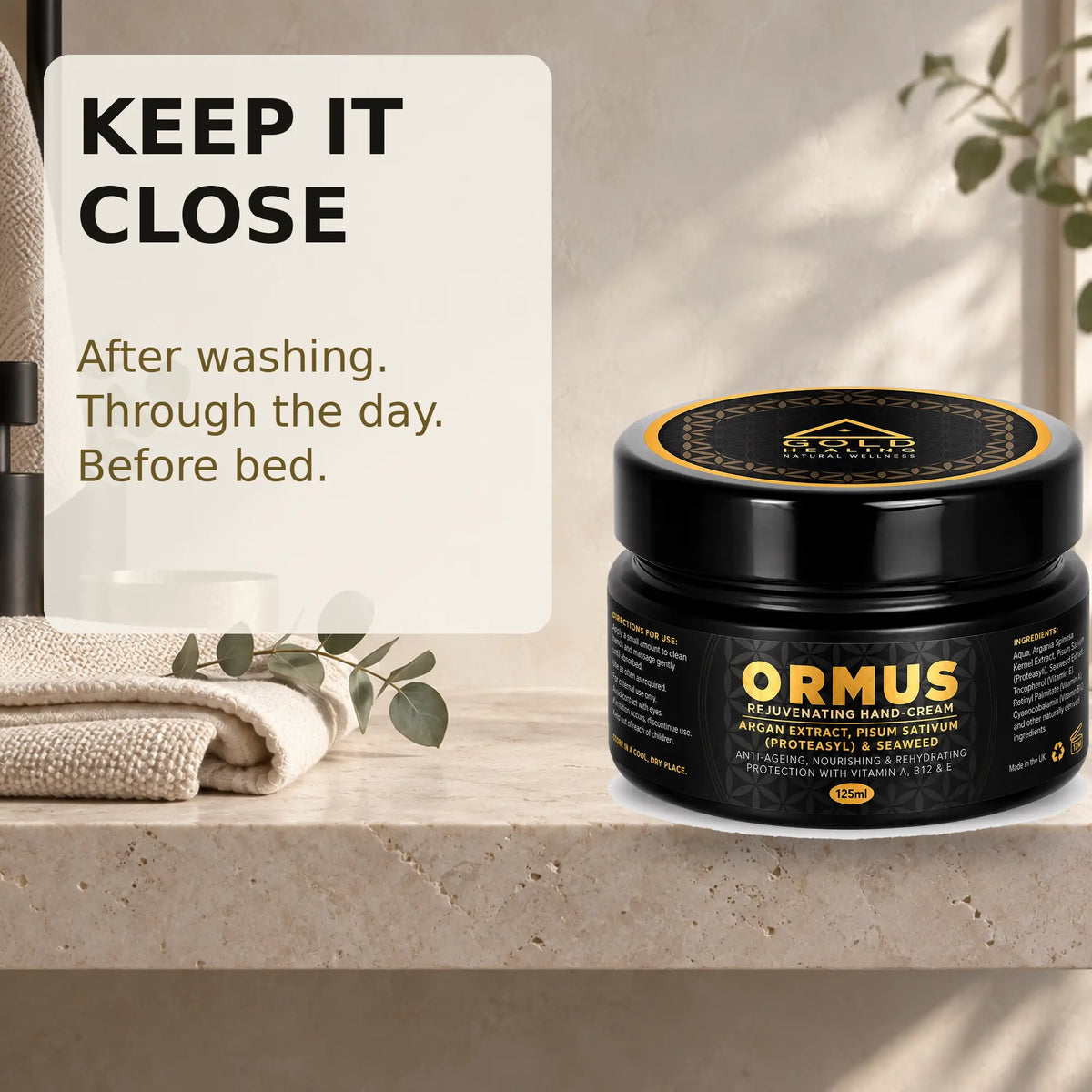 Gold Healing ORMUS Hand Cream stored on a premium bathroom shelf