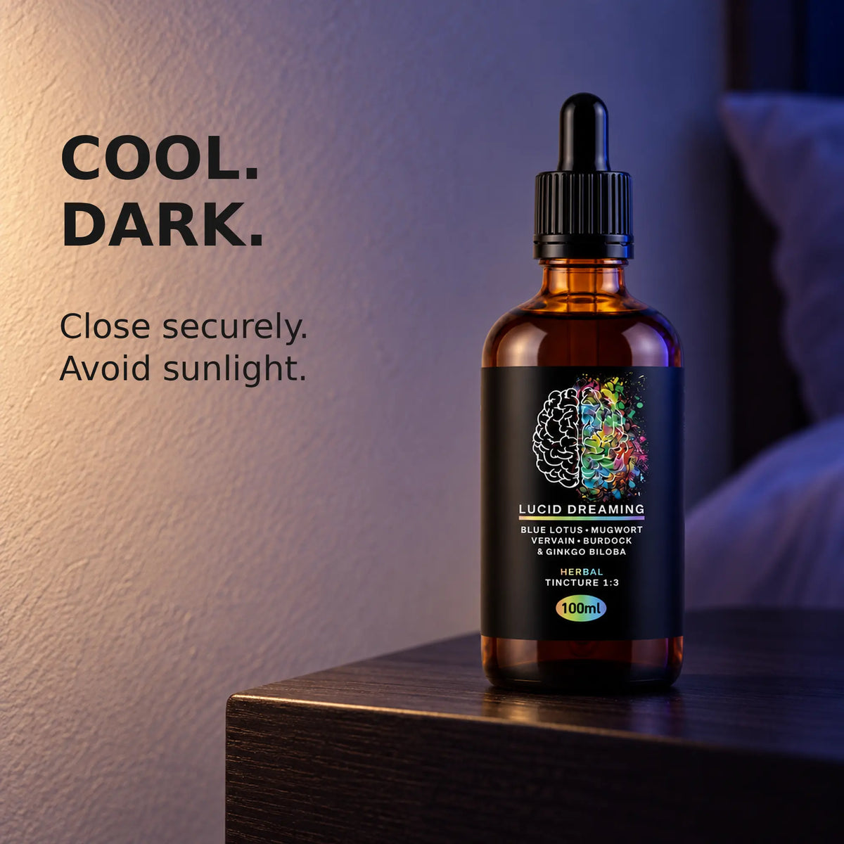 Gold Healing Lucid Dreaming Tincture stored securely closed in a cool dark place away from sunlight.