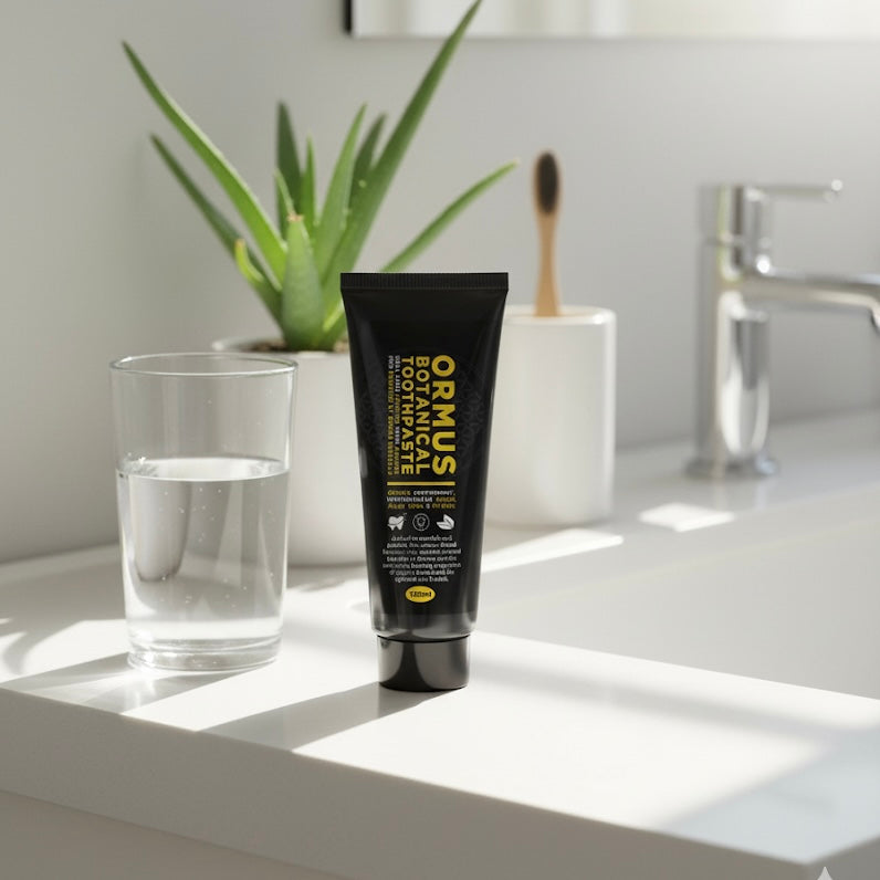Ormus Fluoride free Botanical Toothpaste  tube on a bathroom counter with a glass of water and plant in the background.