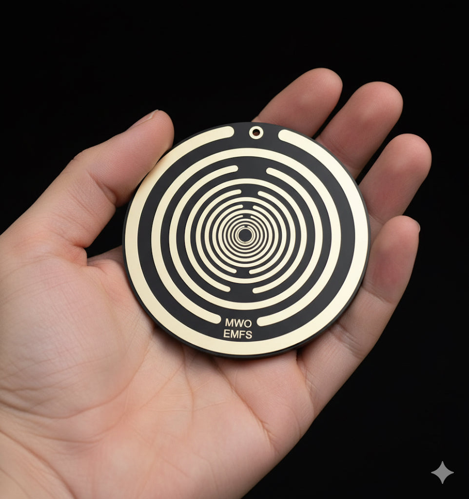 Tesla energy disc Round black and gold object with concentric circles held in a hand against a black background