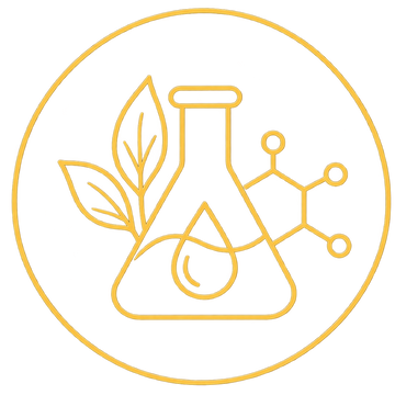 A circular icon featuring a golden-yellow outline of a laboratory flask with a leaf and a molecular structure, symbolizing science and biology, on a solid white background.