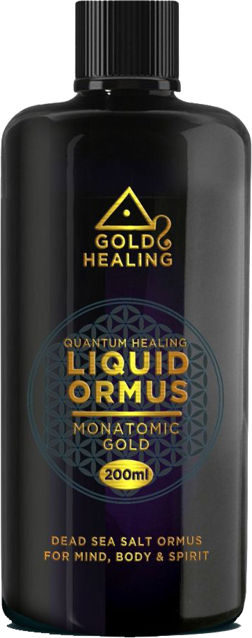 Black bottle of Gold Healing Liquid Ormus with gold and white text on a black background