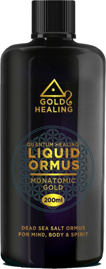 Black bottle of Gold Healing Liquid Ormus with gold and white text on a black background