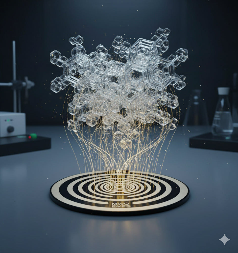 Tesla disc Crystal-like structure on a dark background with scientific equipment.