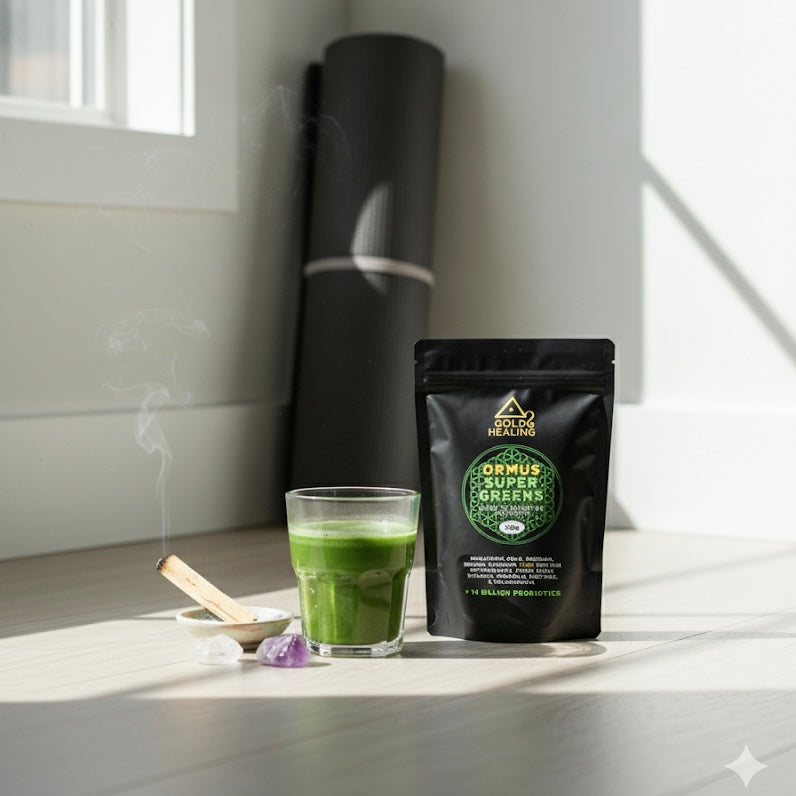 Glass of green juice and a package of Ormus Gold Greens on a light surface with a white wall and window in the background.