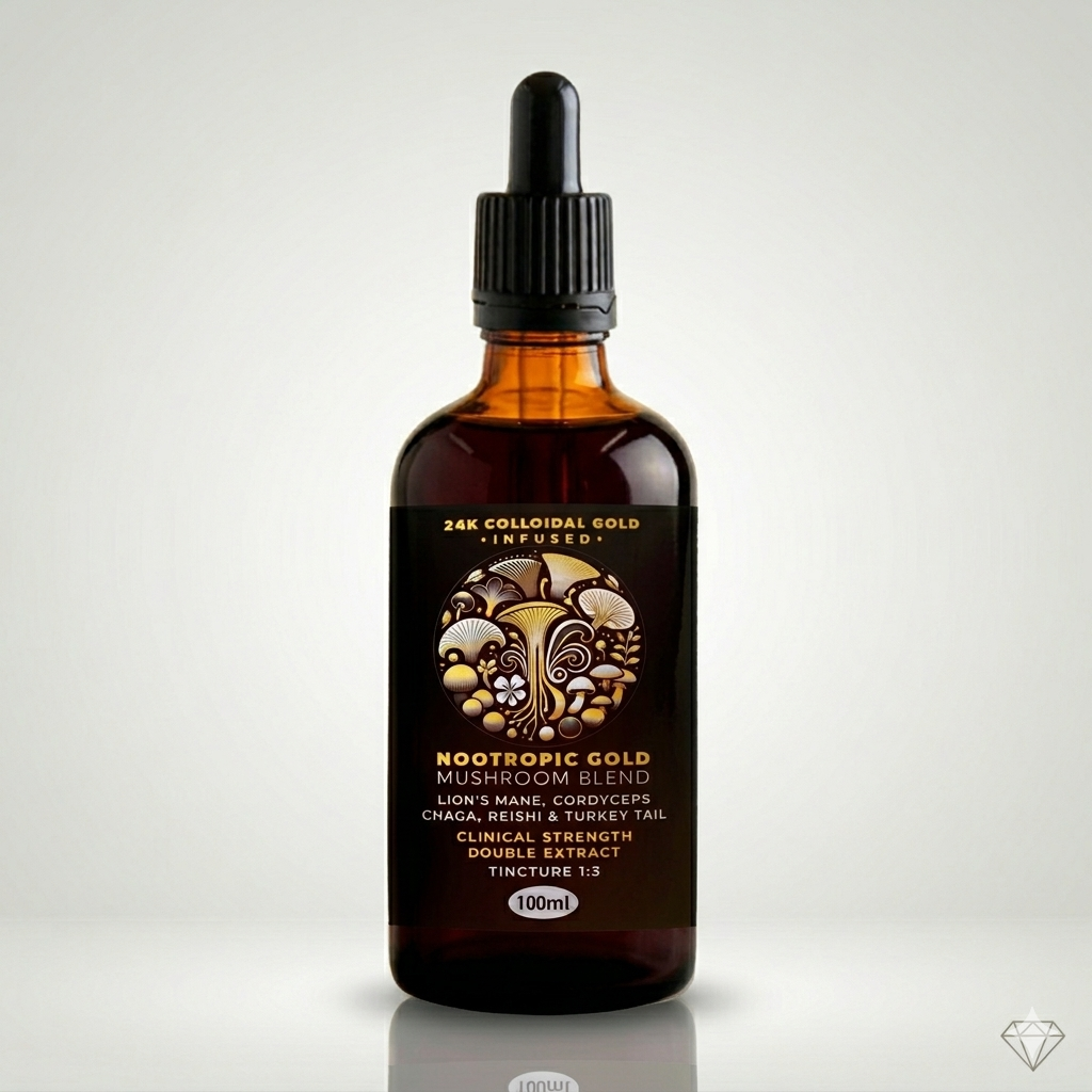 Bottle of Nootropic Gold Mushroom Blend with dropper on a gray background
