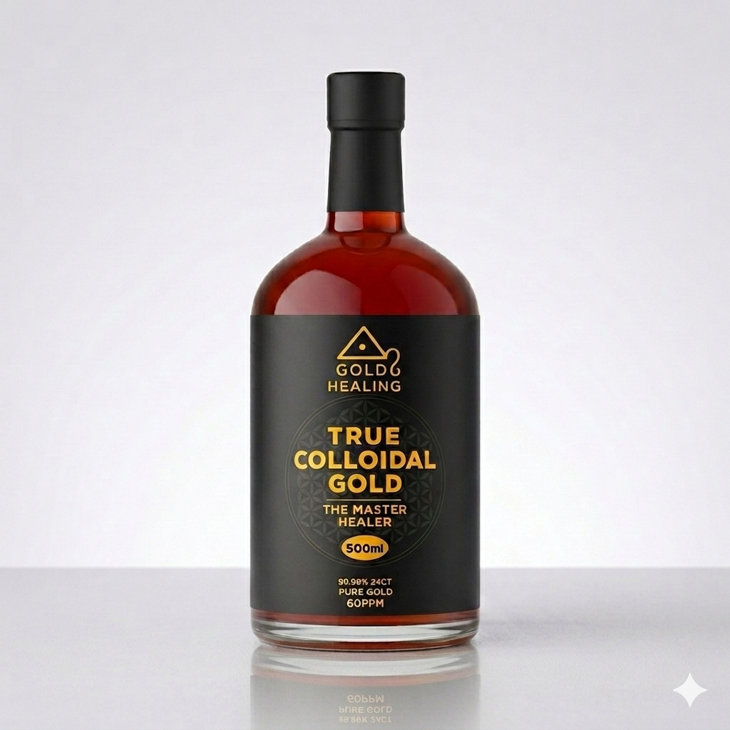 Bottle of 'True Colloidal Gold' with a black label on a white background