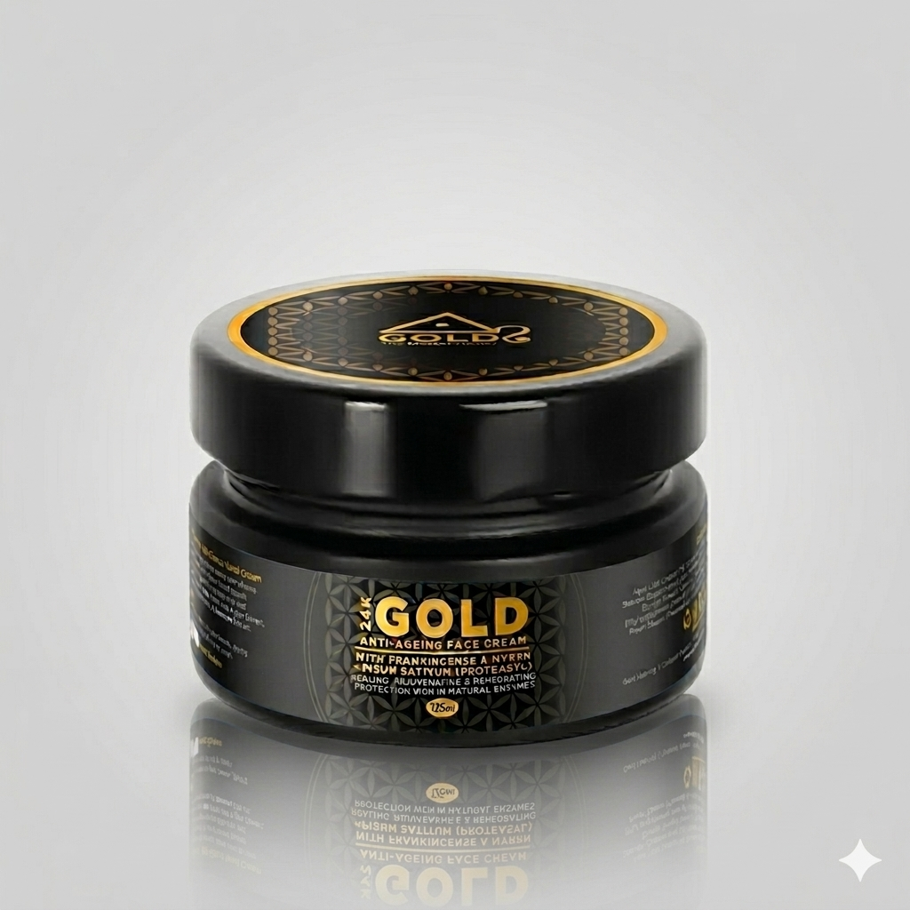 Black jar of gold face cream with gold lid on a gray background