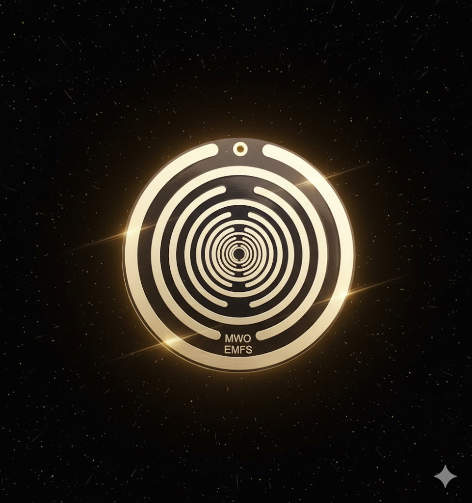 Circular metallic object with concentric circles and 'MWO EMFS' text on a dark background