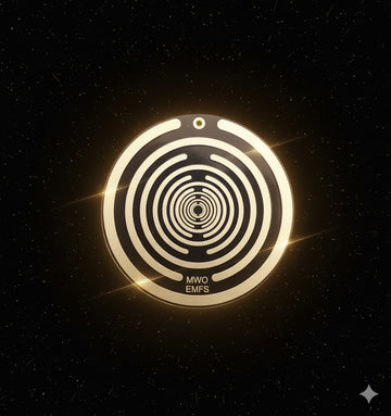 Circular metallic object with concentric circles and 'MWO EMFS' text on a dark background