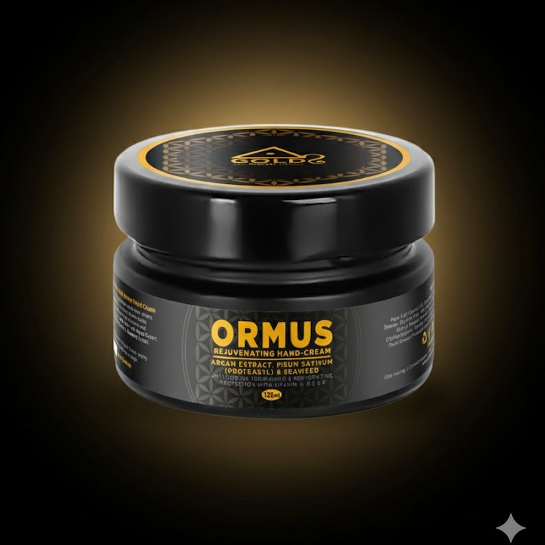 Black jar of Ormus Hand Cream rejuvenating  on a dark background
