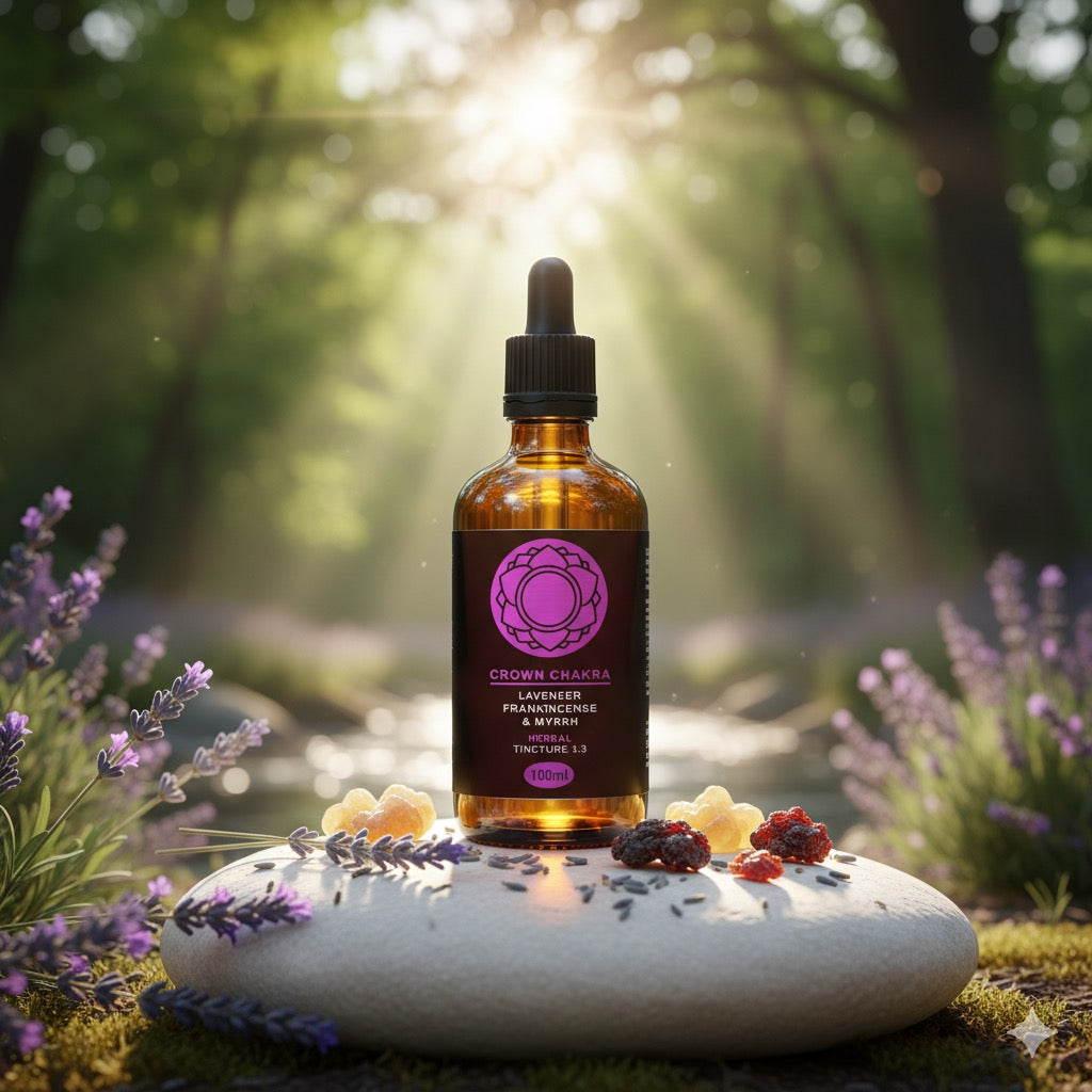 Bottle of Crown Chakra essential oil blend in a natural setting with lavender and sunlight.