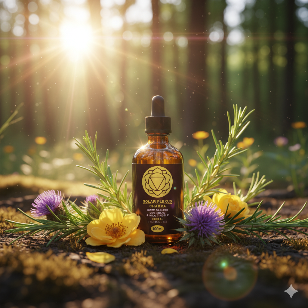 Bottle of 'Solar Plexus' oil with herbs and flowers in a forest setting