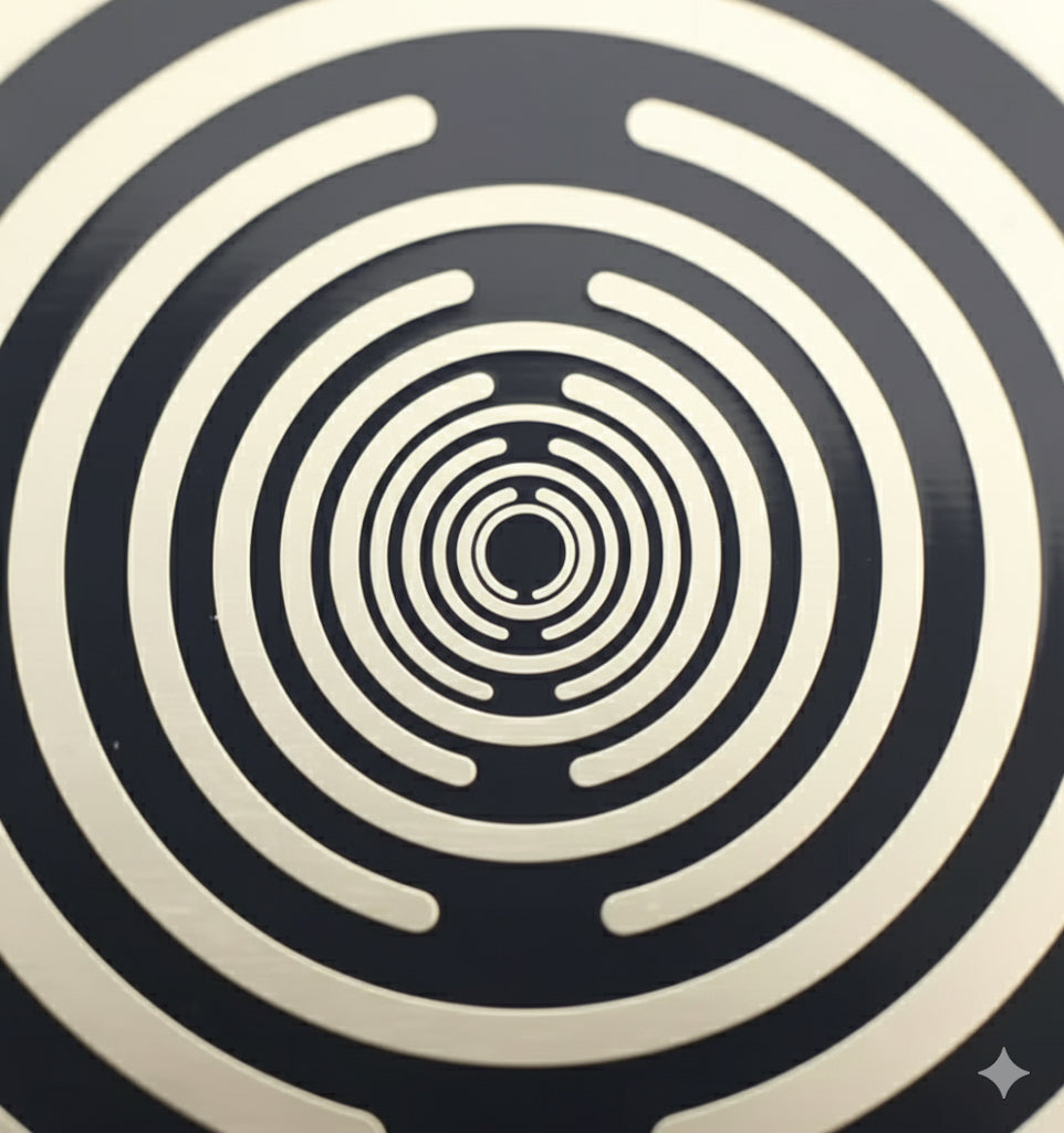 Tesla energy disc Close-up of a spiral pattern with concentric circles on a black background