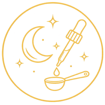 A circular graphic featuring a crescent moon, star, and stylized coffee cup in warm beige lines on a white background, with a thin beige circular border around the edge.