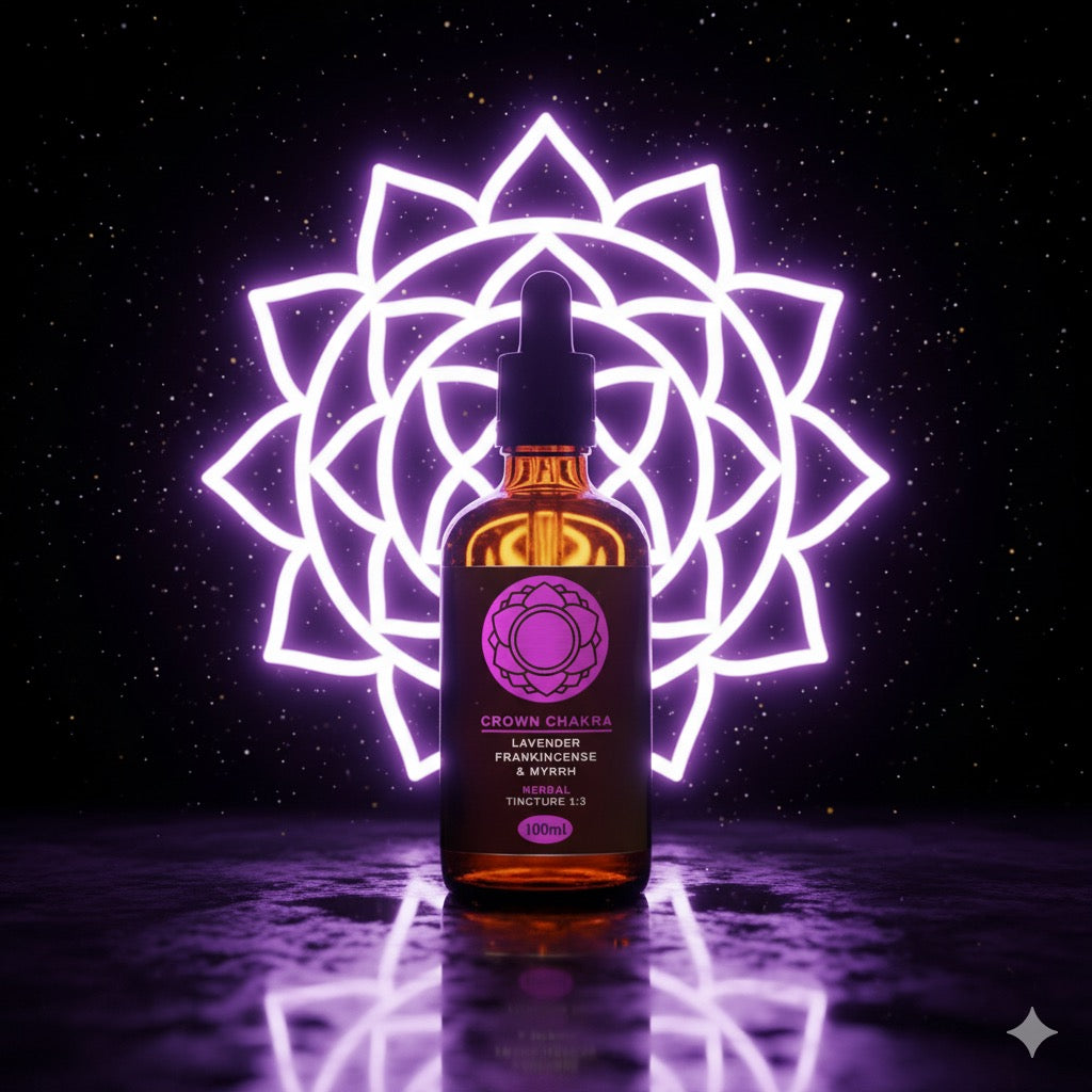 Bottle of Crown Chakra tincture with a mandala design in the background