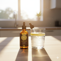 Bottle of Solar Plexus Essential Oil with dropper next to a glass of water on a kitchen counter.