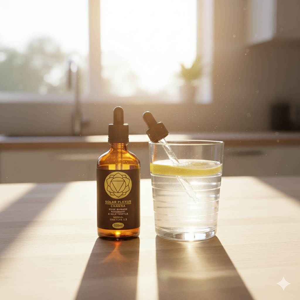 Bottle of Solar Plexus Essential Oil with dropper next to a glass of water on a kitchen counter.