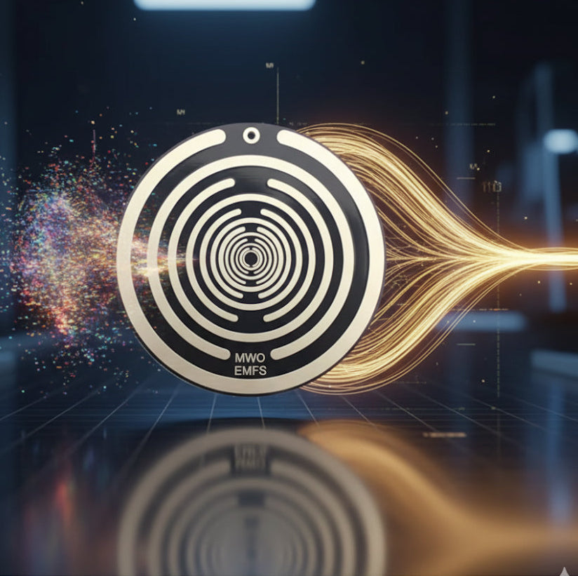 Tesla disc Circular device with concentric circles and 'MWO EMFS' text on a futuristic background