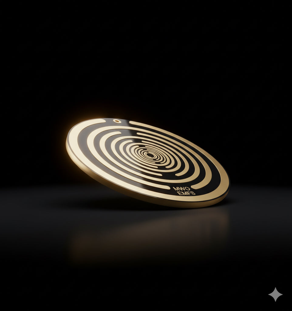 Tesla energy disc Black and gold disc with concentric circles on a dark background