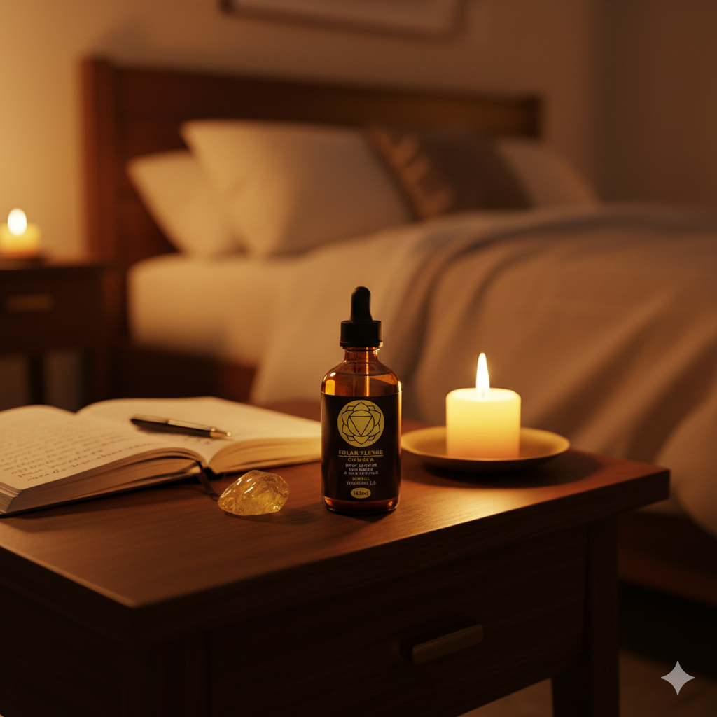 Bottle of Chaga Extract on a bedside table with a lit candle and open book in a bedroom setting.