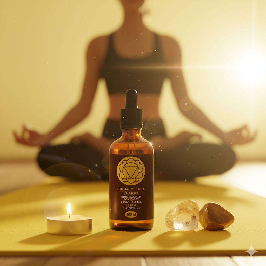 Bottle of Solar Plexus Chakra oil with a person meditating in the background