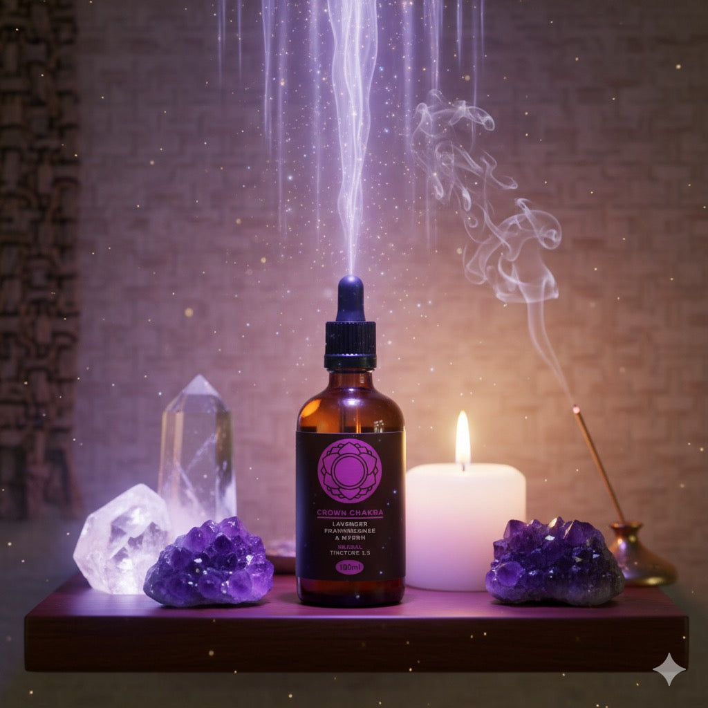 Bottle of lavender essential oil with crystals, a candle, and incense on a wooden surface.