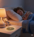 Tesla energy disc  And Child sleeping in bed with a nightstand lamp and teddy bear nearby