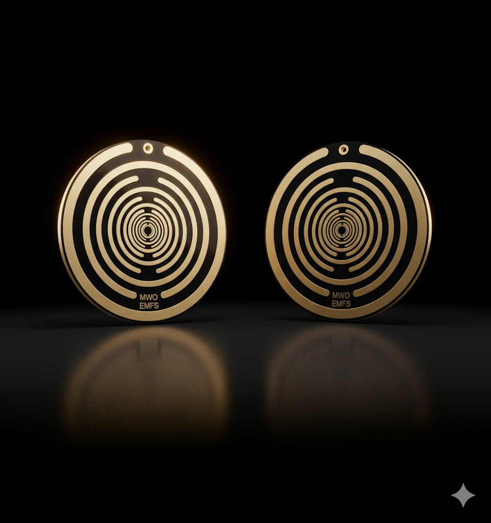 Two gold circular earrings with a spiral design on a black background