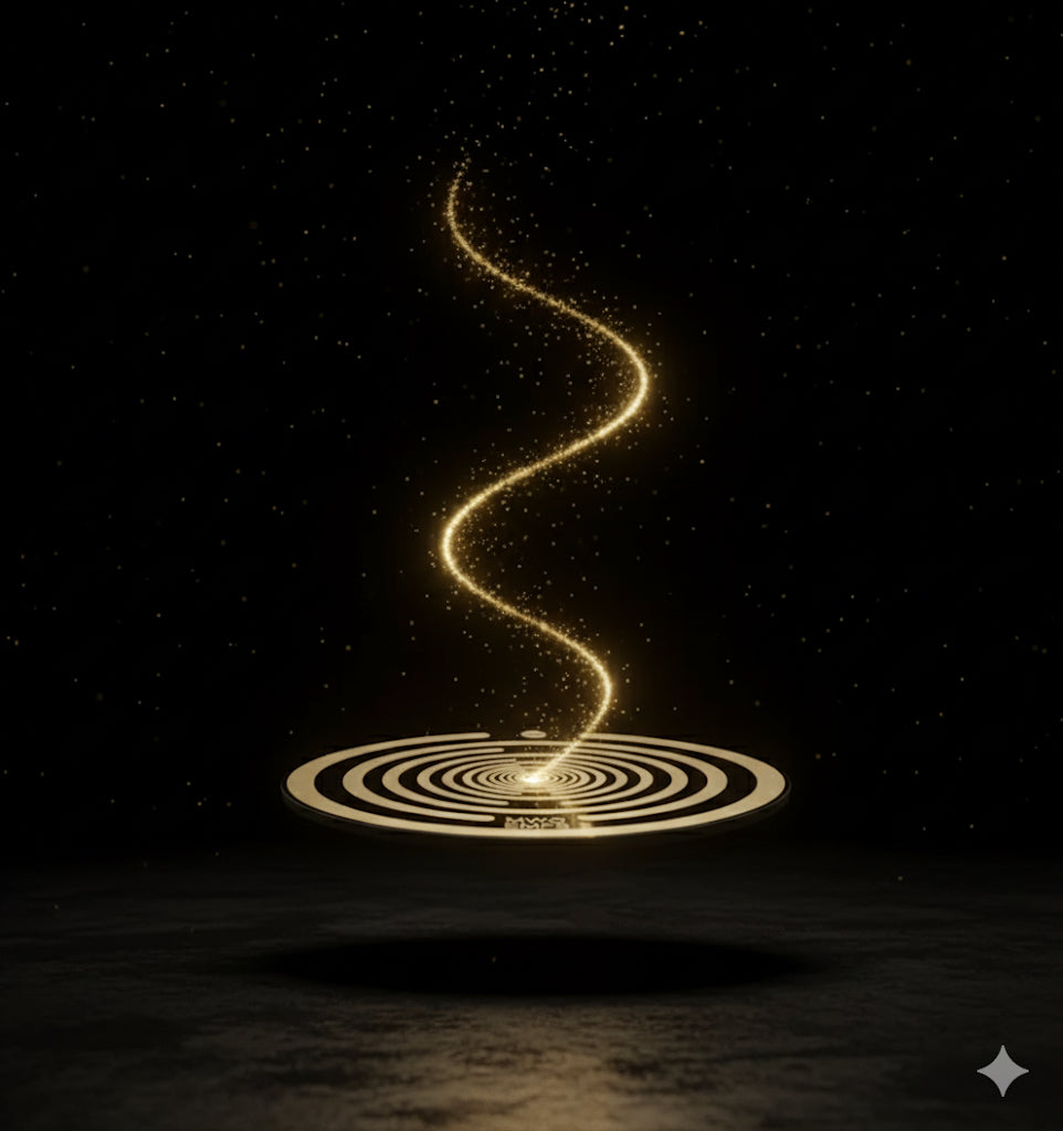 Tesla energy disc With Wavy gold light trail on a dark background