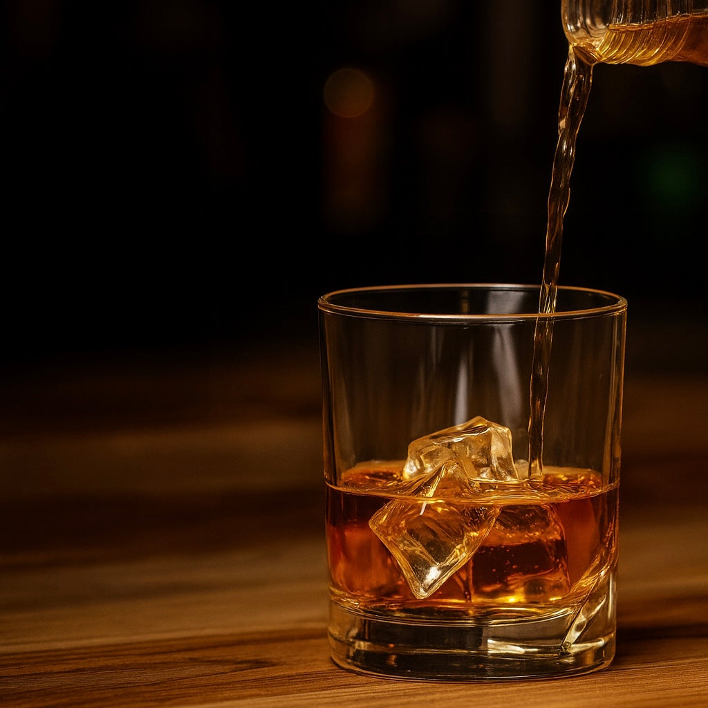Gold being poured into a glass with ice cubes on a wooden surface.