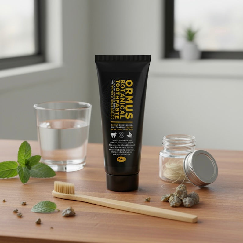 Ormus Botanical Toothpaste tube on a wooden surface with a glass of water, mint leaves, and a toothbrush.