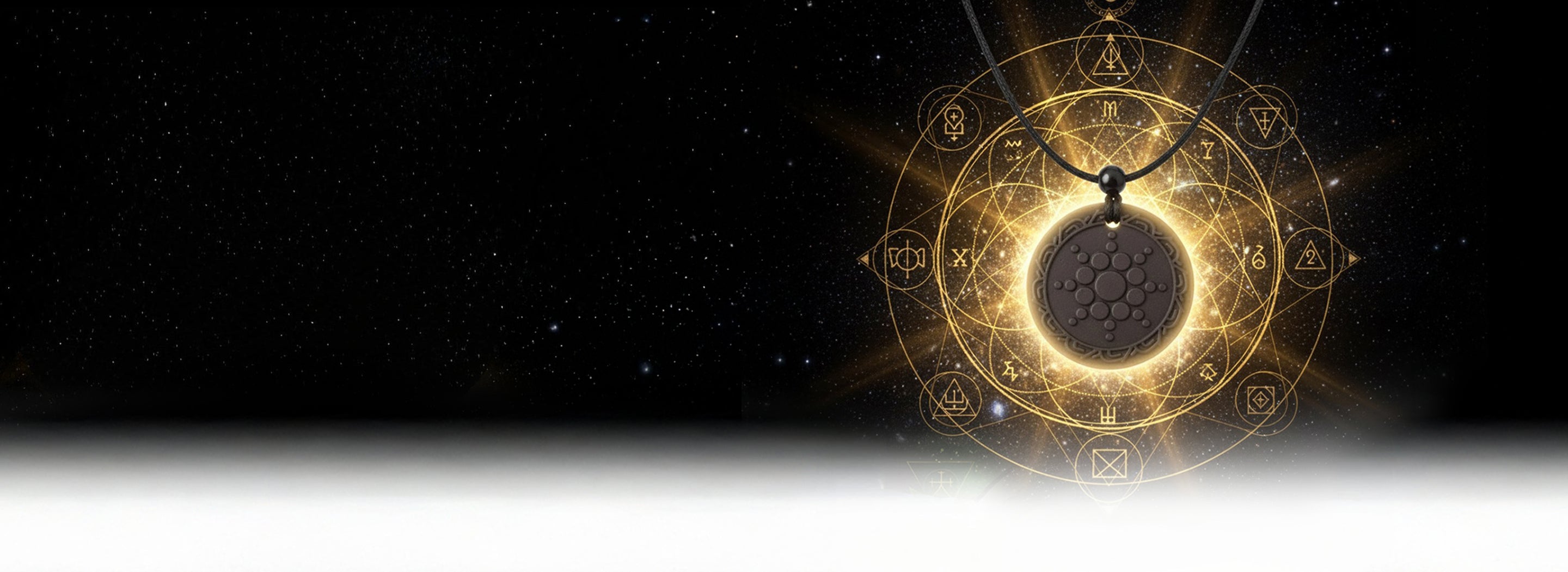 Anti emf pendant necklace with a glowing circular design featuring symbols on a dark backgroundslider_item_LdLQAB