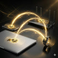 Smart devices including a laptop, phone, and smartwatch with glowing energy lines connecting them to a router on a dark background.