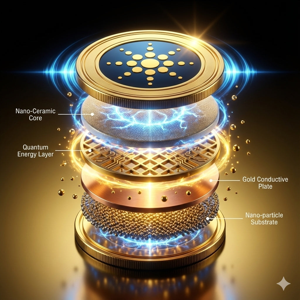 Illustration of a layered Anti emf phone sticker  with labeled components on a dark background