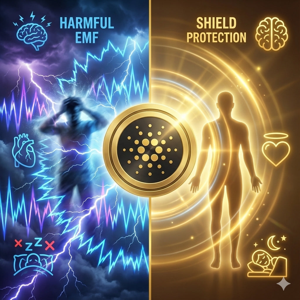 Illustration of harmful EMF on the left and shield protection on the right with a central cardano logo.