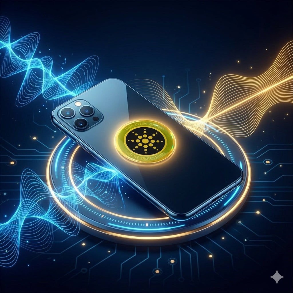 Smartphone with a Anti emf phone sticker  on its screen, surrounded by glowing blue and gold waves on a dark background.