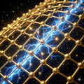 Close-up of a gold molecular structure with blue electric effects on a dark background