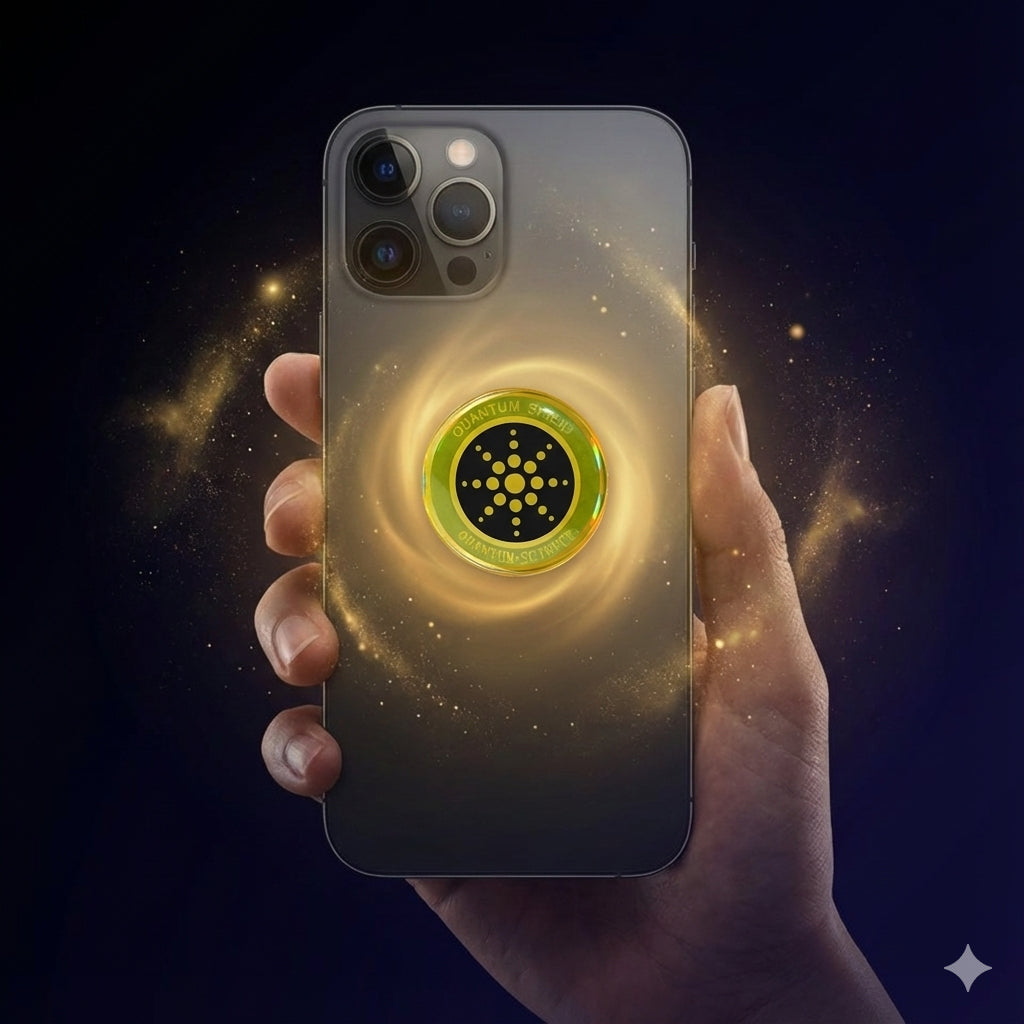 Hand holding a phone with Anti emf phone sticker on against a cosmic background